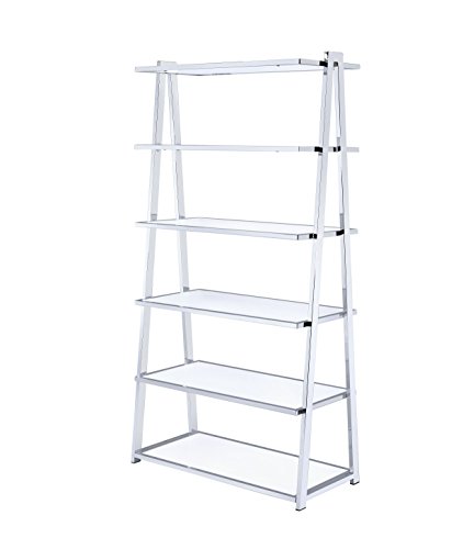 Acme Coleen Leaning Bookcase in White High Gloss and Chrome