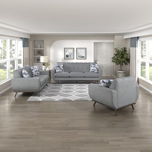 Lexicon Small Couch Mid Century Modern Sofa Living Room Sofa Couch with 2 Accent Pillows, Button Tufted Upholstered Small Sofa for Bedroom/Waiting Room/Office/Apartment, 70'' Loveseat, Grey Chenille