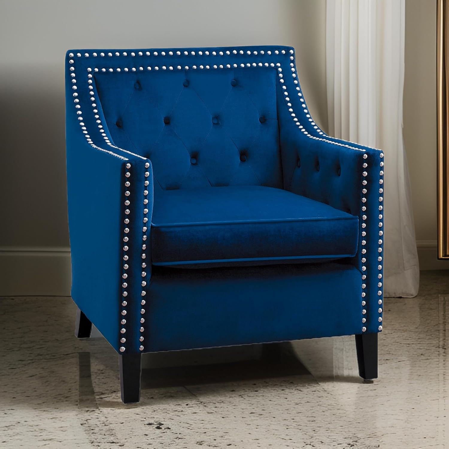 Benjara Soma 31 Inch Accent Armchair, Button Tufted Velvet, Nailhead Trim, Navy Blue and Black