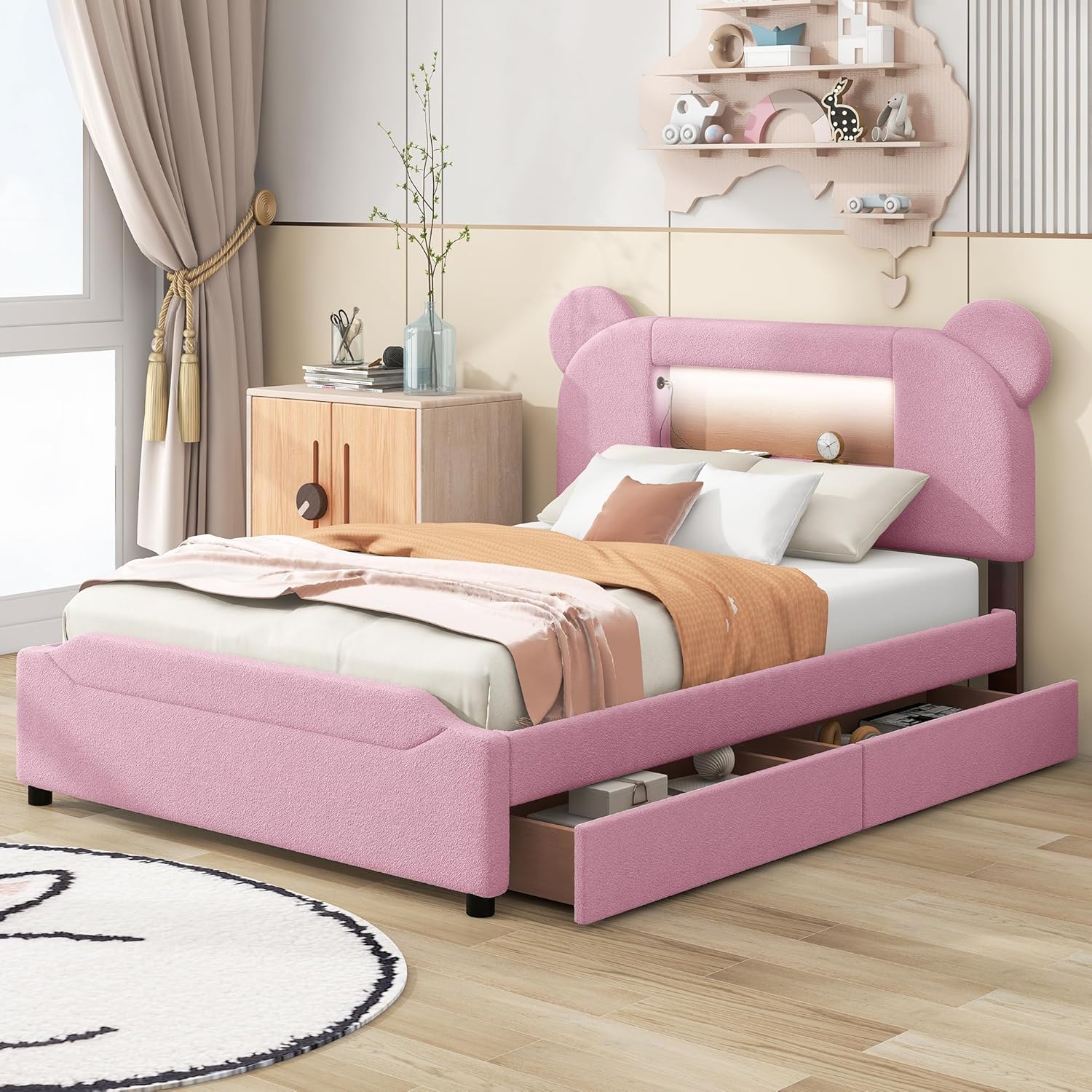 Full Bed Frame with LED Light Headboard and Storage Drawers, Fleece Upholstered Platform Bed with Bear Shaped Headboard and USB Charging Port, No Box Spring Needed, Pink