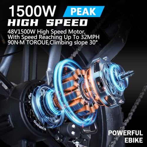 Electric Bike for Adult,1500W Peak Brushless Motor 30 MPH Fat Tire E Bike with 624-2880Wh Removable Battery 20