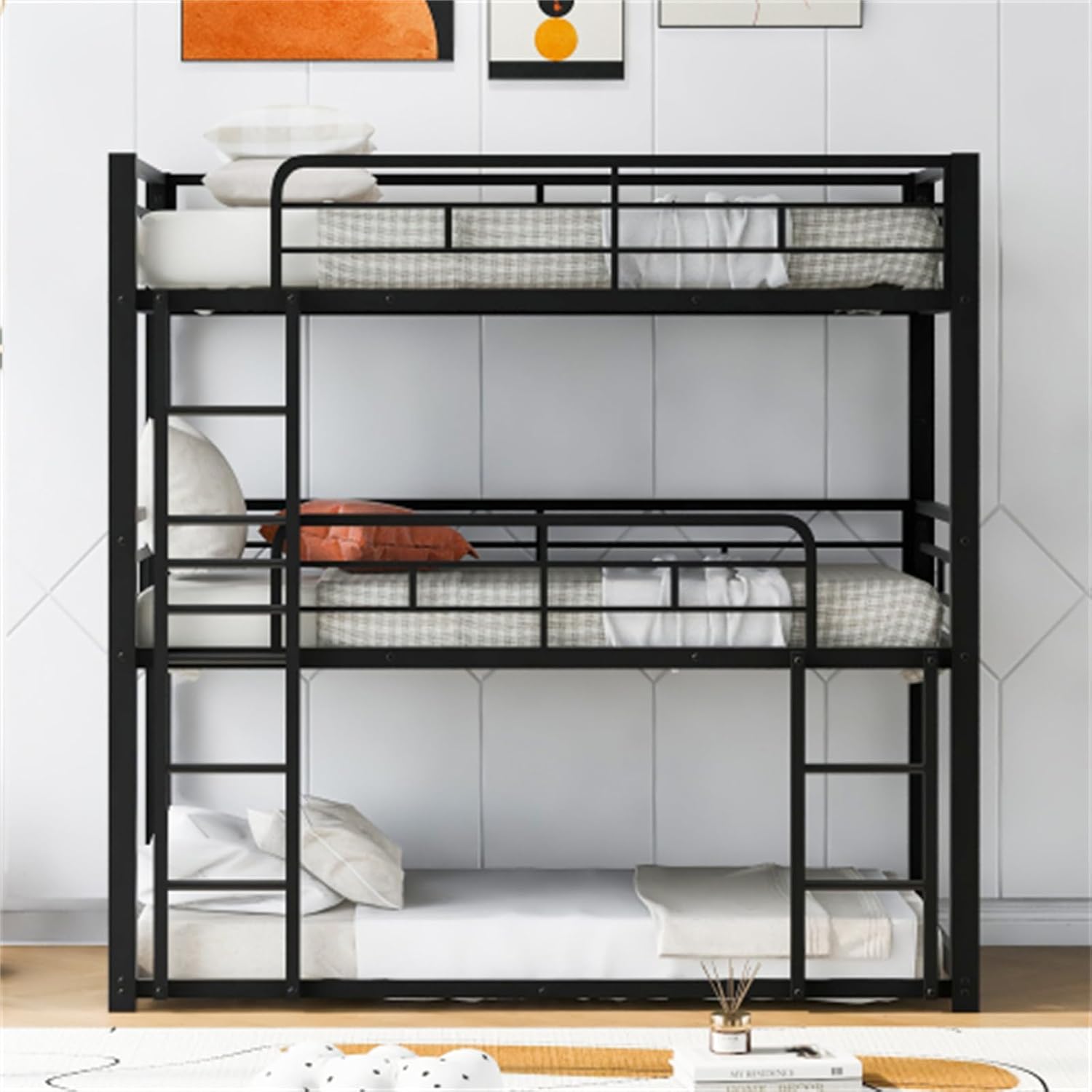 Metal Bunk Triple Decker Bed, High and Low Shelves Double Bed, Suitable for Bedroom, Dormitory Apartment, Black