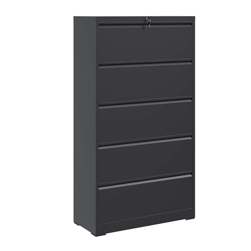 5 Drawer Vertical File Cabinet with Lock, Metal Lateral Filing Cabinet with Hanging Letter/Legal/A4 Folders, Locking Steel Cabinet for Home, Office, Assembly Required - Black