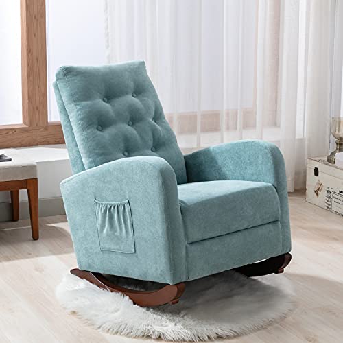 LUMISOL Modern Upholstered Rocking Chair, Tufted Velvet Accent Armchair with High Backrest and Side Pocket for Nursery, Bedroom, Living Room (Green)