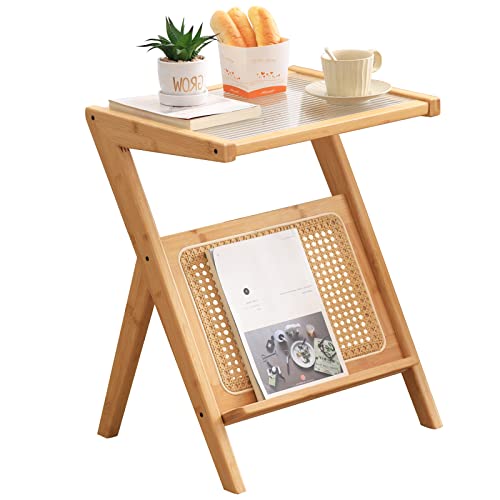 Tiita Rattan Nightstand Side Table, Bamboo Accent Bedside Tables, Glass Coffee Tables, Boho Wooden End Table with Storage for Small Space, Living Room and Bedroom