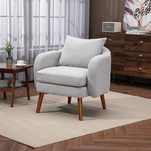 Modern Accent Chair, Round Comfy Armchair, with Pillow, Wood Legs, Teddy Boucle Upholstered Side Chair for Living Room, Bedroom, Club, Hotel, Office, Waiting Room, Grey