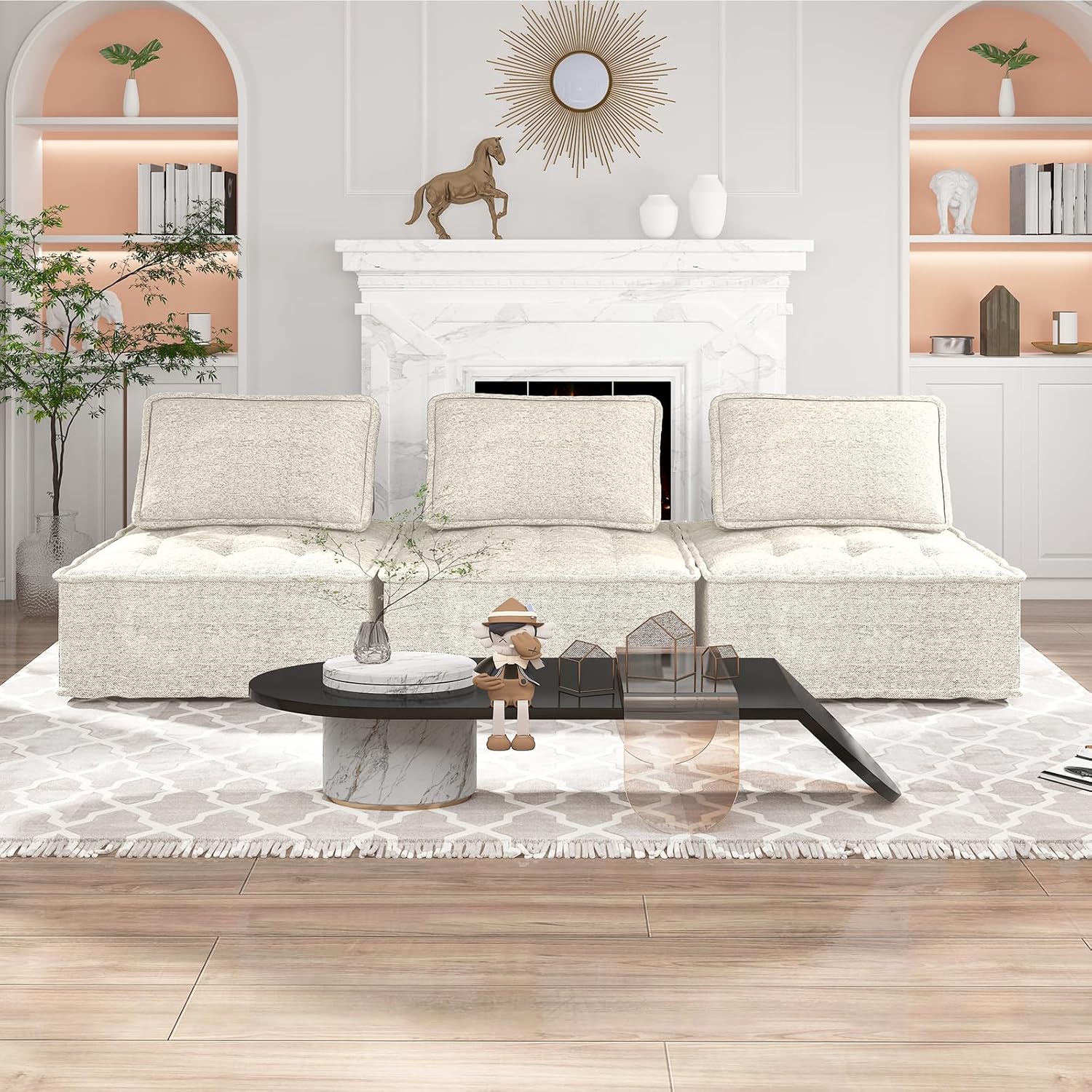 BALUS Sectional Sofa Couch, Modern Floor Sofa Couch with Soft Fabric, Armless Design for Living Room, Bedroom, Free Combination,3 PCS Beige