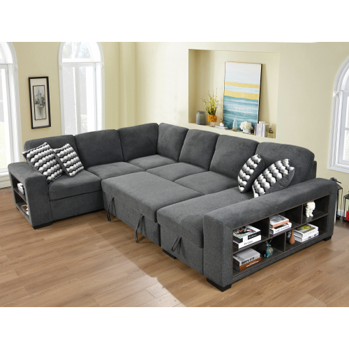 Dolonm 125'' Sleeper Sofa with Pull Out Bed and Storage Chaise Ottoman, U Shaped Sectional Couch with Adjustable Headrest and Stools for Living Room