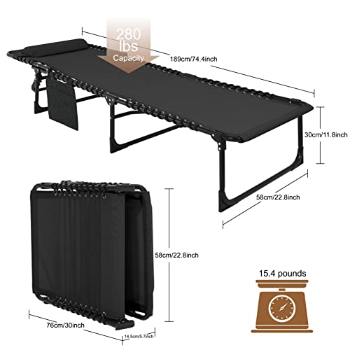 Folding Chaise Lounge Chair with Pillow and Pocket, 3 Reclining Positions for Patio, Lawn, Beach, Pool, Camping- Blue, 280lbs