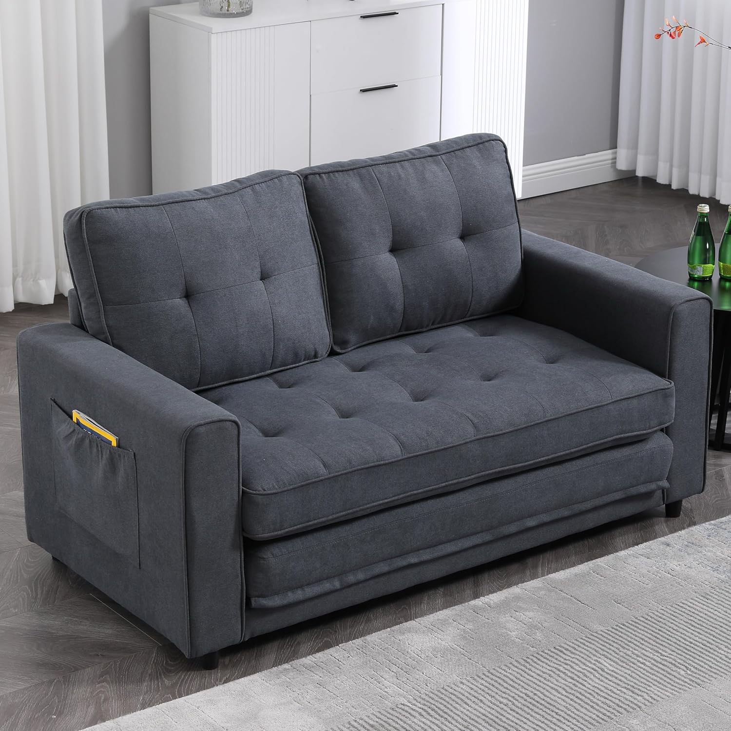 (Video provided)3-in-1 Upholstered Futon Sofa Convertible Floor Sofa Bed,Foldable Tufted Loveseat with Pull Out Sleeper Couch Bed W/Side Pockets for Living Room, Dark Gray