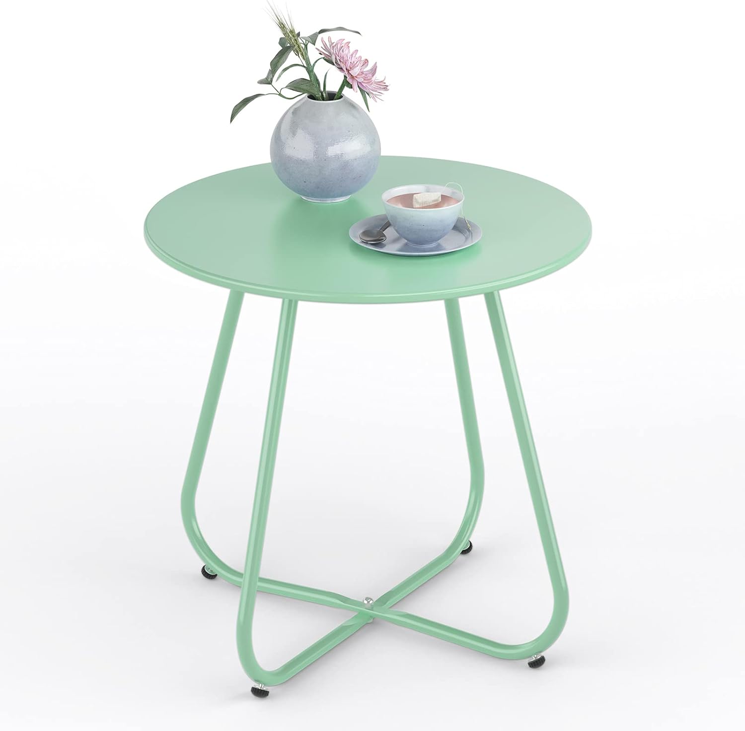 Steel Round Side Tables, 18'' Small Round Coffee Table Weather Resistant Round End Table for Bedroom, Living Room, Balcony, Mint Green