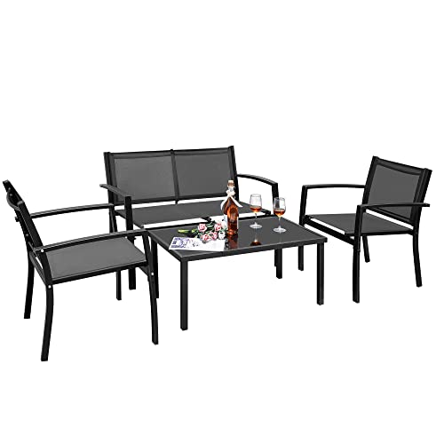 Flamaker 4 Pieces Patio Furniture Outdoor Furniture Set Textilene Bistro Set Modern Conversation Set Black Bistro Set with Loveseat Tea Table for Home, Lawn and Balcony (Yellow)