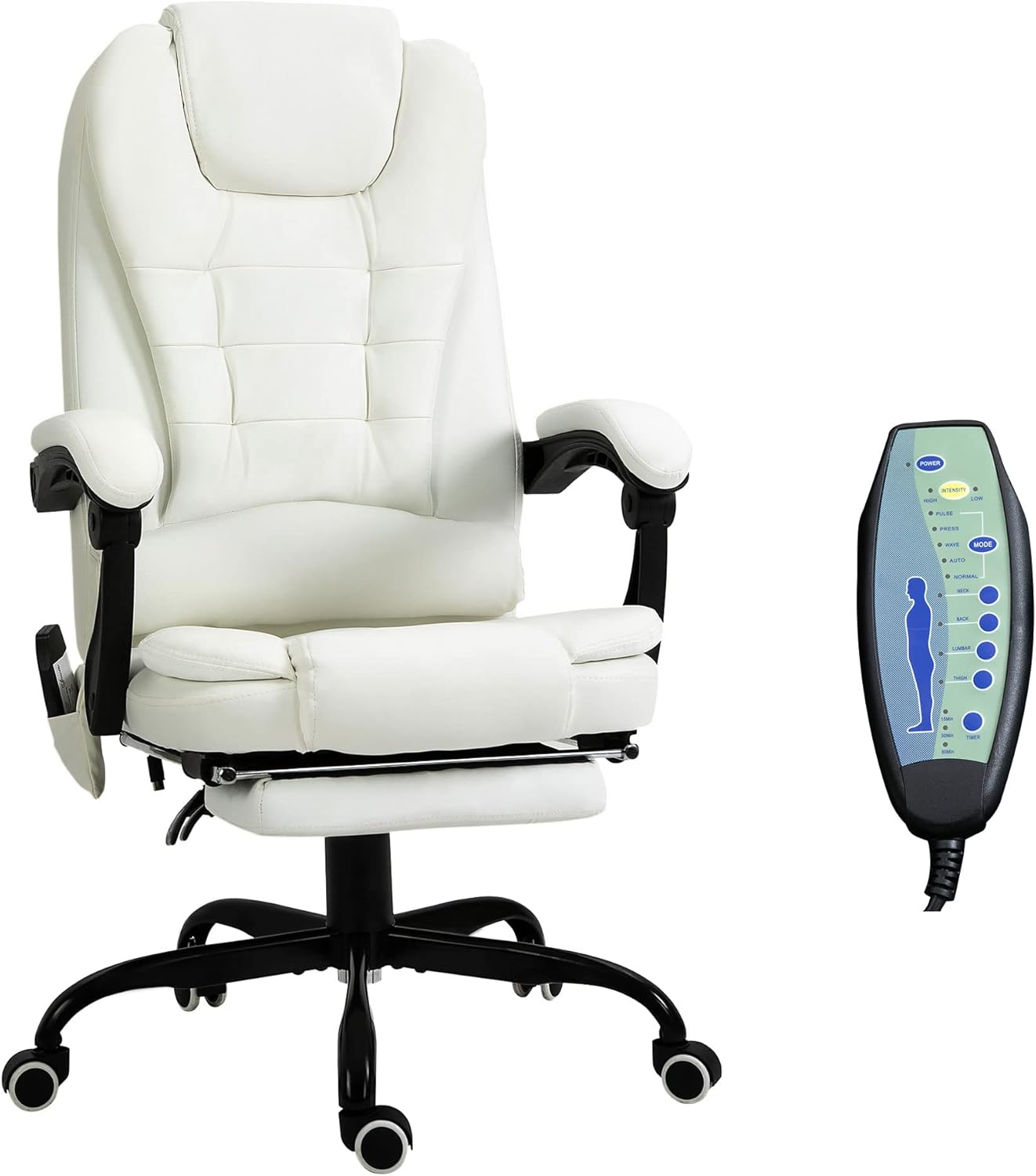 Reclining Office Chair with Massage, Ergonomic Office Chair with Foot Rest, PU Leather Executive Computer Chair with Heated, Padded Armrest, High Back Swivel Recliner for Office Home Study, White