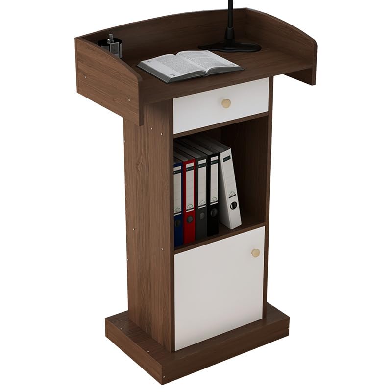 Lectern Podium Stand, Floor Standing Podiums Reception Desk with Drawer Wooden Speaking Podium for School/Restaurants/Classroom Hotel Meeting Rooms (Brown)