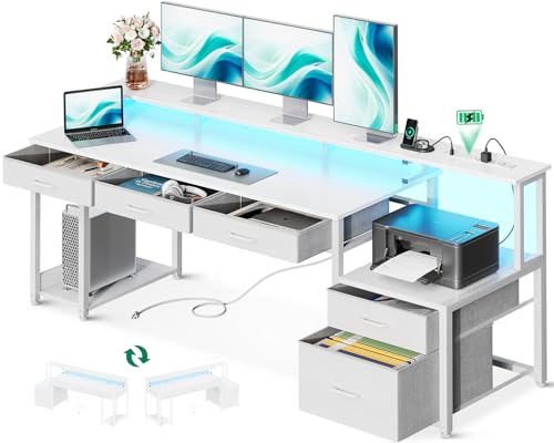 AODK Office Desk with File Drawer, 63 Inch Reversible Computer Desk with 4 Drawers & Power Outlet, LED Strip, Home Office Desk with Monitor Shelf & CPU Stand, Gaming Desk, Black