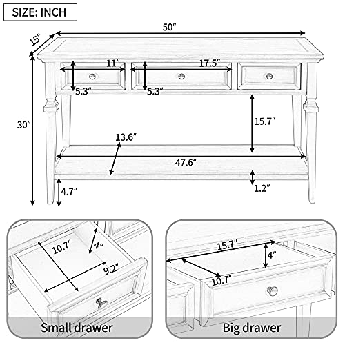 Vintage Entryway Sofa Console Table for with Drawers, Solid Wood Frame w/Storage Shelf for Hallway Farmhouse Living Room Home Kitchen, 50 inch, Navy-1