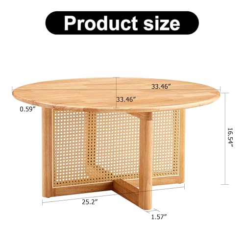 Tzou Round Coffee Table with Rattan Accents Modern Circle Center Table for Living Room Dining Room Bedroom Home Office Natural Wood