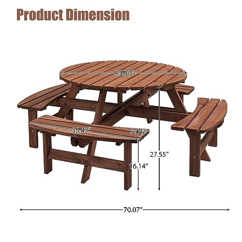 8 Person Wooden Picnic Table Sets Outdoor Camping Dining Table with Seat Garden DIY w/ 4 Built-in Benches 2220lb Capacity - Natural
