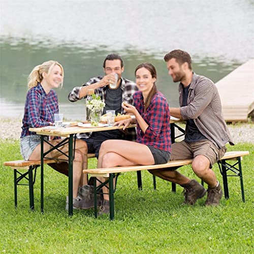 3 Piece Outdoor Wooden Picnic Table Beer Stool Dining Table Chair Folding Wooden Top Terrace Outdoor Furniture (D As Shown)
