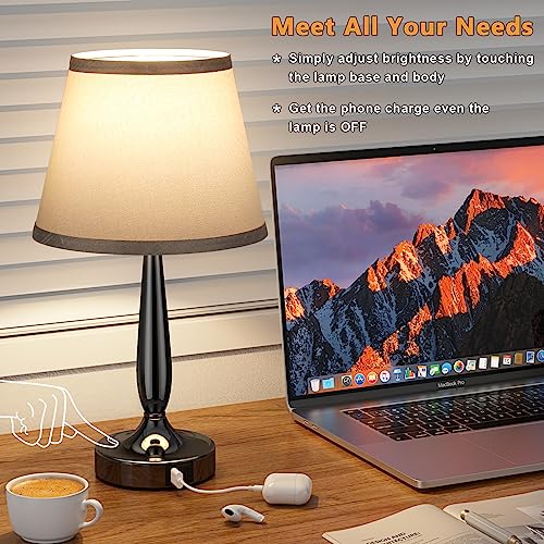 Kakanuo Touch Bedside Lamp for Bedroom with USB C Port, Small Touch Table Lamp with 2 USB Charging Ports, 3 Way Dimmable Nightstand Lamp for Living Room and Office - Black (LED Bulb Included)