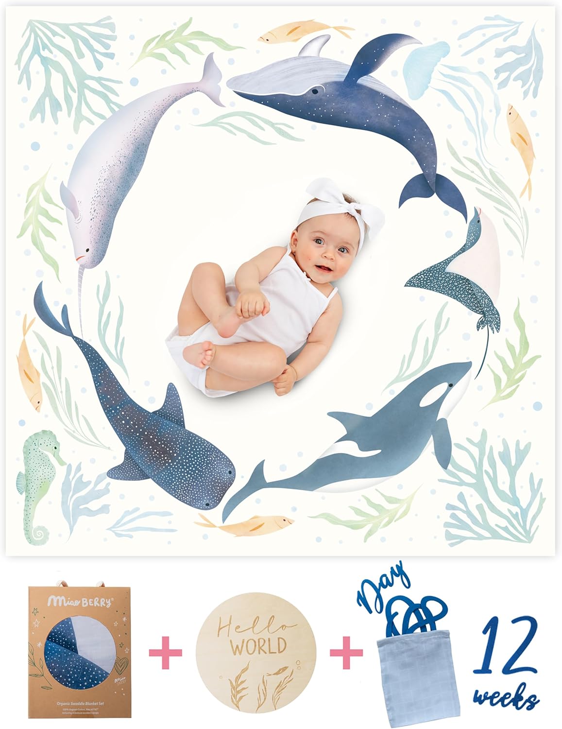 Miaoberry Ocean Theme Baby Monthly Milestone Blanket, Gender Neutral, 12 Month Photo Props for Boys and Girls, Baby Photo Background, Newborn Photography Props