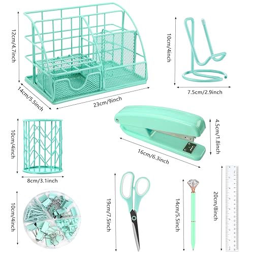 Gold Desk Organizers and Accessories Office Supplies Set Stapler, Pen Holder, Phone Holder, Scissors, Pen, Ruler, 30 Paper Clips, 22 Binder Clip, 20 Tacks and 1000pcs Staples (Gold)