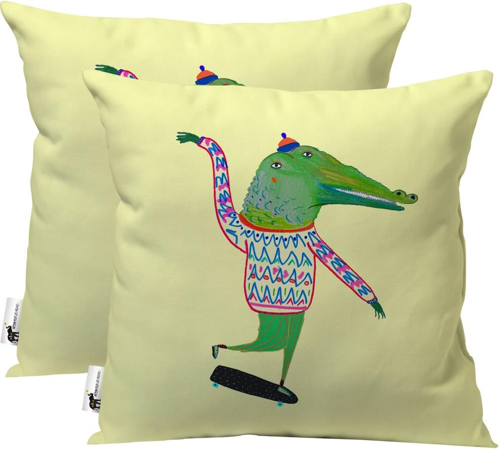 Handmade Outdoor Throw Pillow 16 X 16-inch - Set of 2 - Yellow Patio Furniture Pillow - Unique Crocodile Art | UBU Republic