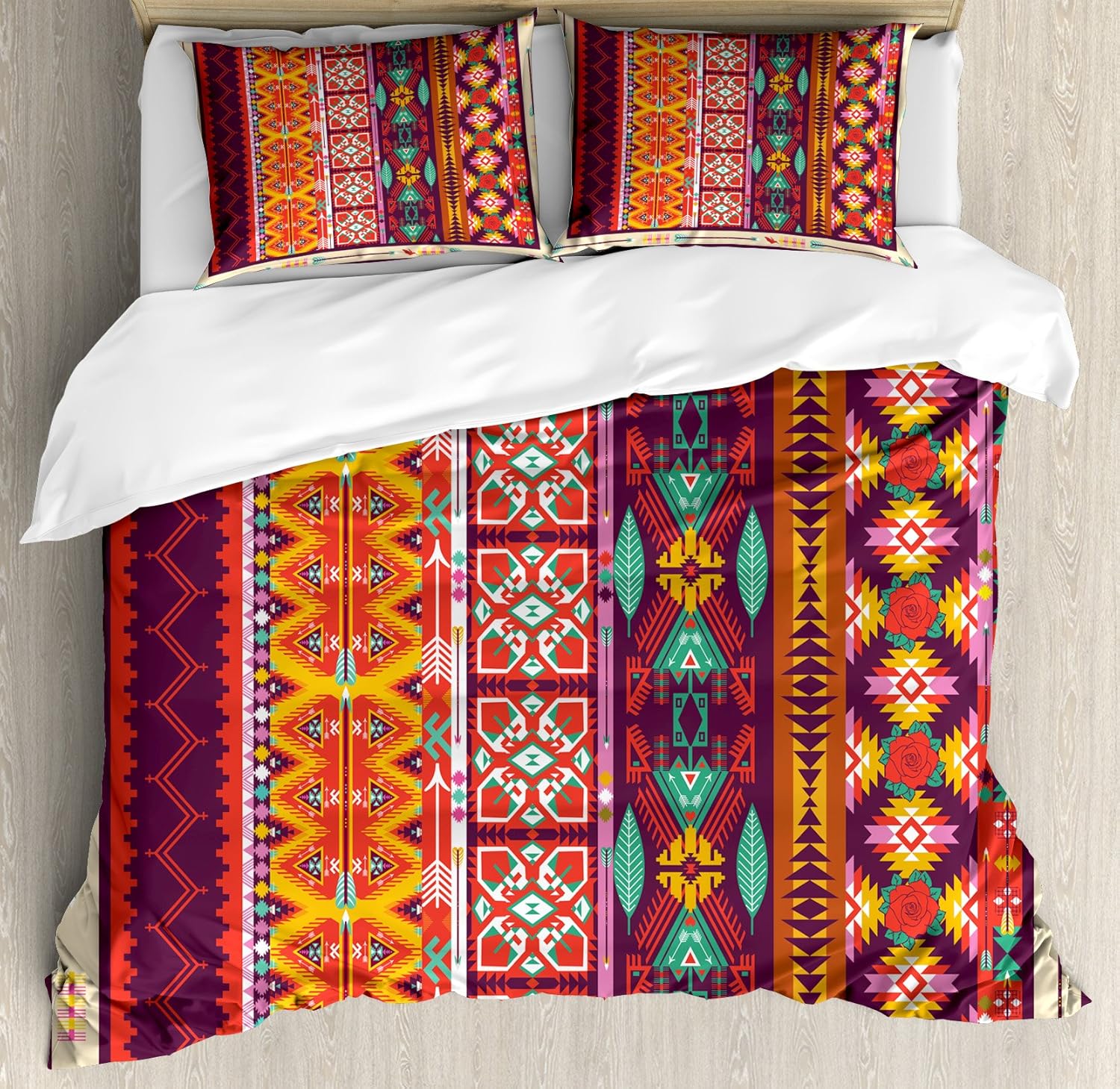 Lunarable Aztec Duvet Cover Set, Colorful Pattern with Birds Flowers and Arrows Mayan Latino Cultural Heritage Theme, Decorative 3 Piece Bedding Set with 2 Pillow Shams, Queen Size, Orange Purple