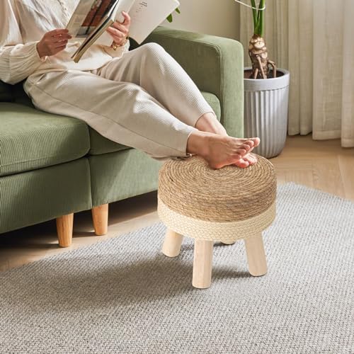 Foot Stool Natural Seagrass Footrest Poufs Hand Weave Round Ottoman for Couch Desk Soft Step Stool Padded Foot Rest with Pine Legs for Living Room Bedroom Boho, Non-Skid Wood Legs