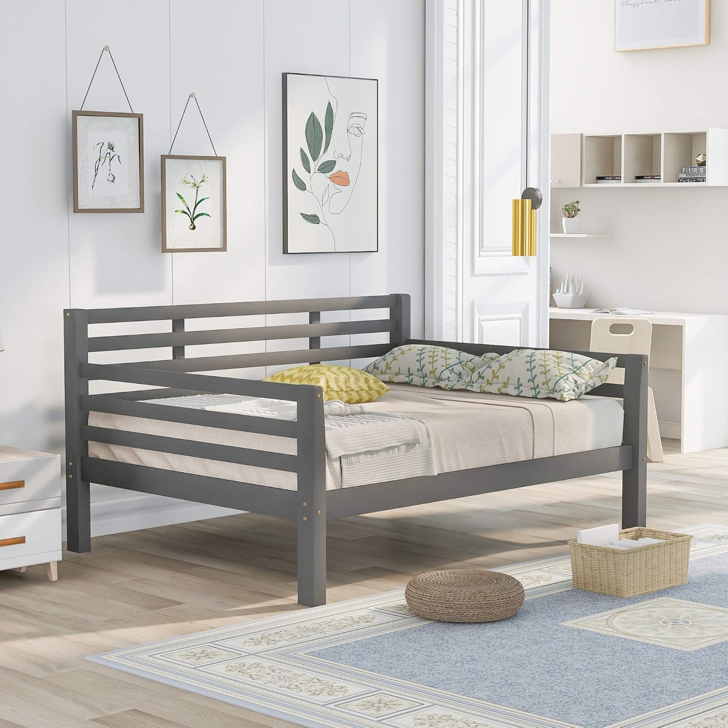 Harper & Bright Designs Full Size Daybed Frame, Wooden Full Day Bed with Wood Slat Support, Full Bed Frame, Full Size Sofa Bed for Bedroom, Living Room, No Box Spring Needed, (Full Size, Gray)