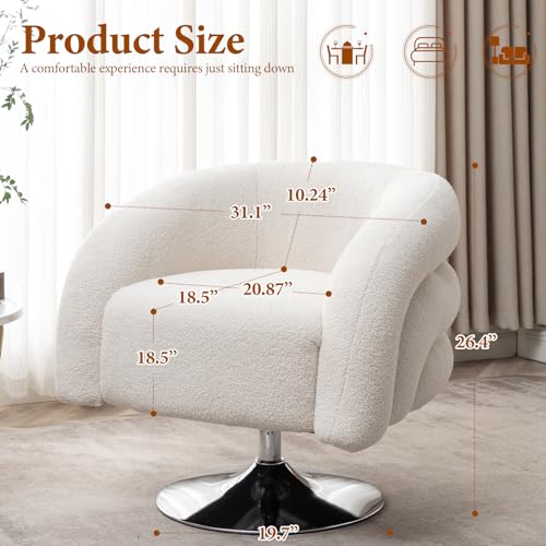 Swivel Barrel Chair,Upholstered Teddy Accent Sofa Chairs for Living Room, Modern 360 Degree Round Sherpa Chair with Metal Base,Comfy Reading Chair Unique Back for Bedroom,Nursery,White