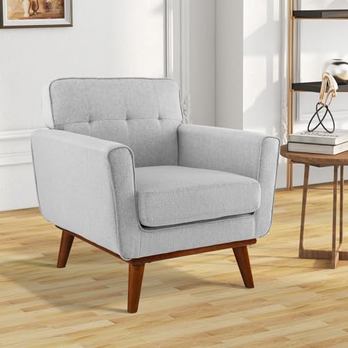 Giantex Modern Accent Chair, Upholstered Linen Fabric Armchair w/Removable Padded Seat Cushion, Solid Rubber Wood Legs, Button Tufted Single Sofa Chair for Living Room, Bedroom, Study, Beige