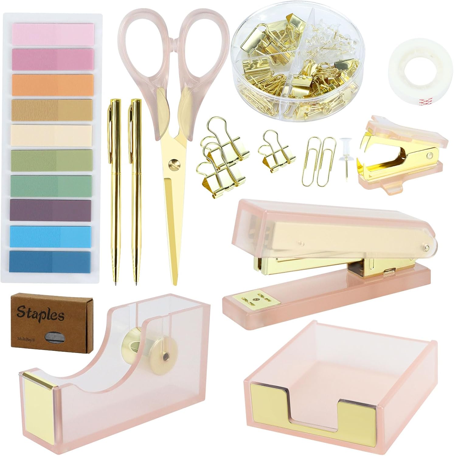 Desk Accessories Kit, Office Supplies Set with Acrylic Stapler, Tape Dispenser, Staple Remover, Staples, Clips, sticky note, Ballpoint Pen, Scissor, Transparent Tape, Sticky Note Holder