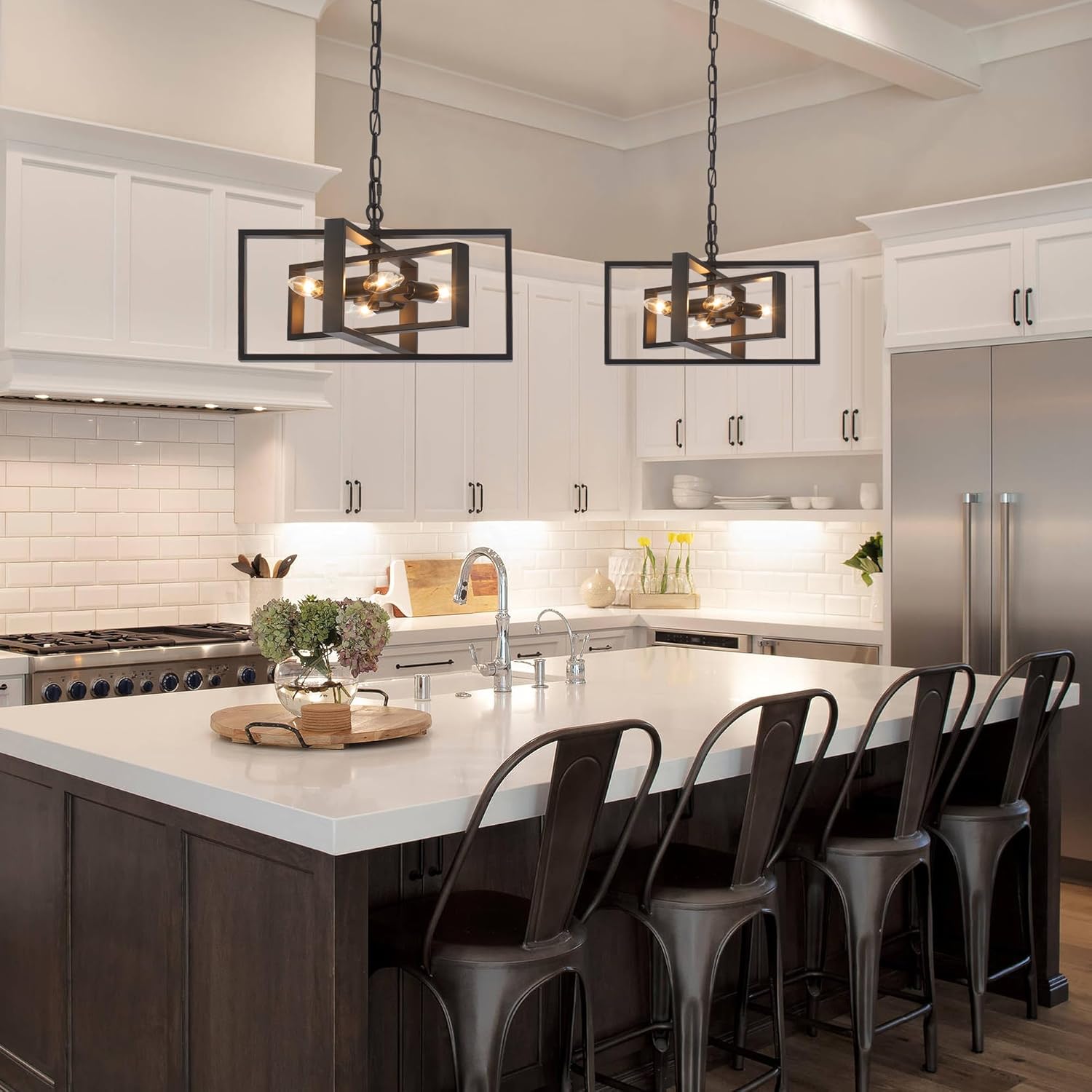 Black Farmhouse Chandelier Rectangular 4-Light Chandeliers Dining Room Vintage Rustic Industrial Pendant Light Fixture for Living Room Kitchen Island