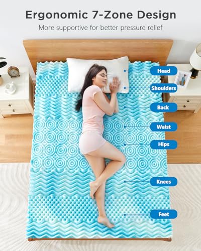 PERLECARE 2-Inch 7-Zone Queen Memory Foam Mattress Topper, Cooling Gel Mattress Topper with Airflow Channels, CertiPUR-US Certified Cooling Mattress Topper for Body Pressure Relief