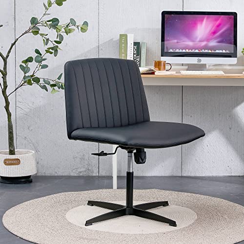 Warmiehomy Armless Office Chair no Wheels, PU Leather Criss Cross Legged Chair Without Wheels Adjustable Swivel Computer Desk Vanity Chair for Home Office Makeup Room (Black)
