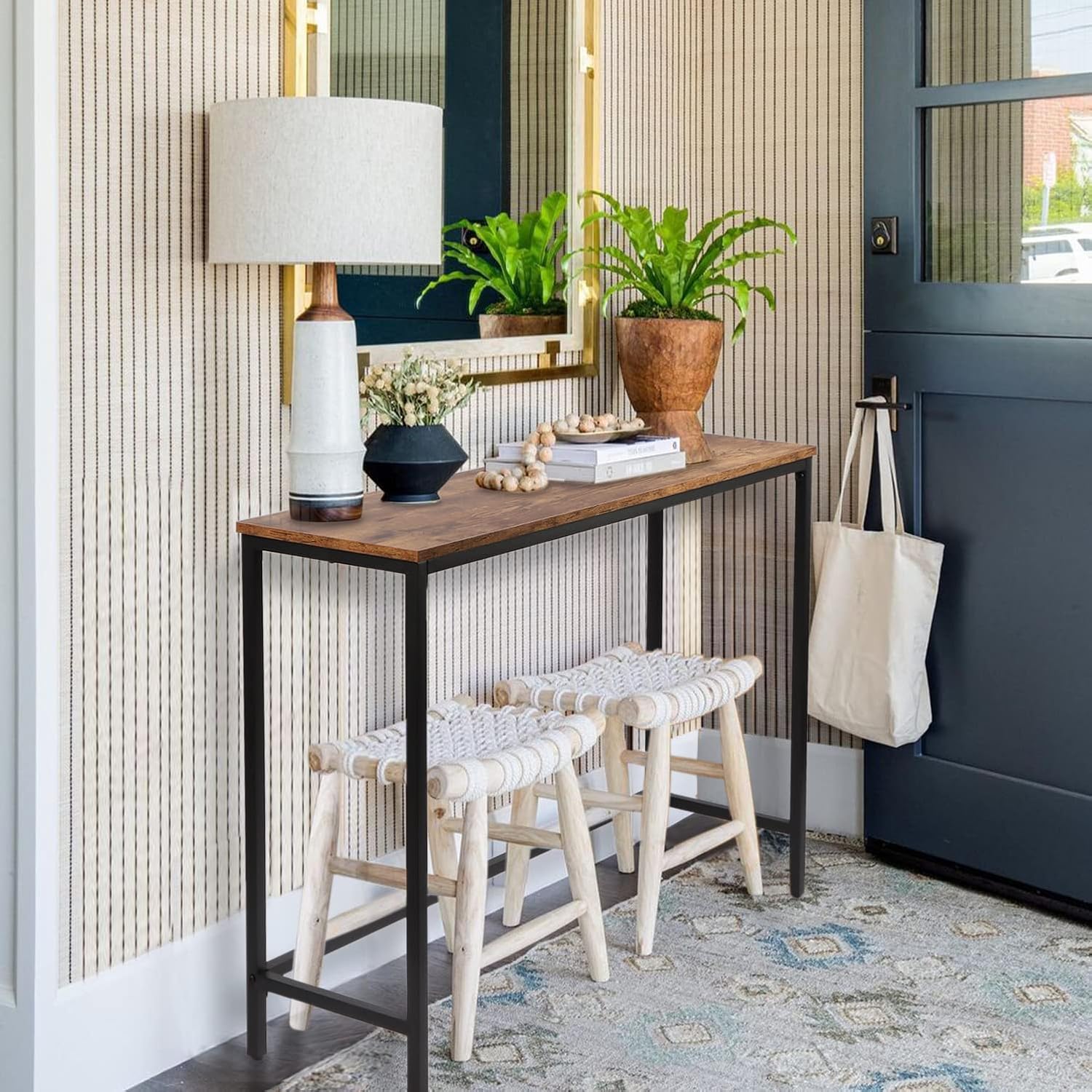 Console Table and Laundry Sorter 2 Section Bundles, Hallway Entrance Table, Rolling Laundry Basket with Wheels, for Living Room, Laundry Room, Rustic Brown