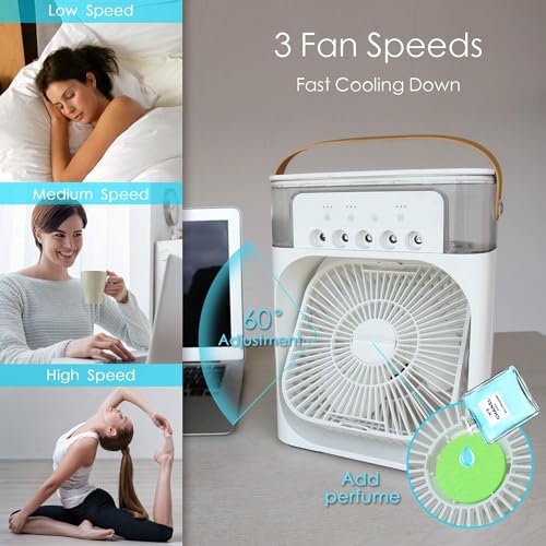 Mini Air Cooler, USB Desk Fan, Personal Evaporative Cooler with 7 Colors LED Light, 1/2/3 H Timer, 3 Wind Speeds and 3 Spray Modes for Office, Home, Dorm, Travel PORTABLE FAN (Classic)