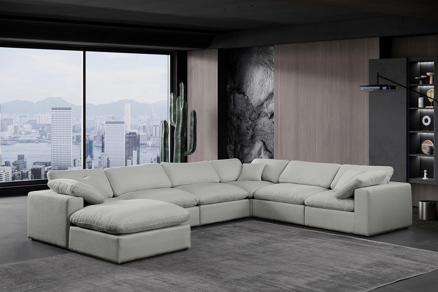 Meridian Furniture Comfy Collection Modern | Contemporary Upholstered Modular Sectional with Linen Textured Fabric Upholstery, Down Feather Cushions, 158