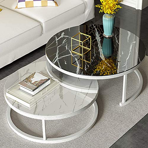 Set of 2 Stackable Coffee Tables for Living Room, Round Elegant Nest Side Tables, Stacking Marble Texture & Metal Coffee Nesting End Tables