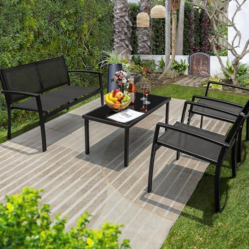 Flamaker 4 Pieces Patio Furniture Outdoor Furniture Set Textilene Bistro Set Modern Conversation Set Black Bistro Set with Loveseat Tea Table for Home, Lawn and Balcony (Yellow)