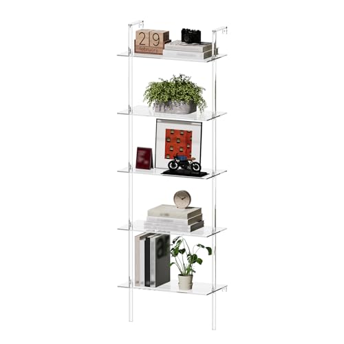 Acrylic Ladder Bookshelf, 5-Tier Clear Wall Mounted Bookshelf with Open Shelves, Multipurpose Bookcase for Living Room, Bathroom, Office, Modern, 11.6