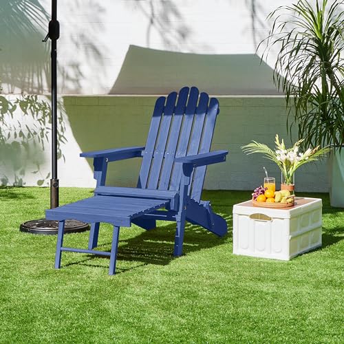 Yaheetech Set of 4 Folding Adirondack Chair with Retractable Ottoman 300lb Solid Wood Garden Chair, Fire Pit Lounge Chairs Weather Resistant Furniture for Garden/Yard/Patio/Lawn, Blue