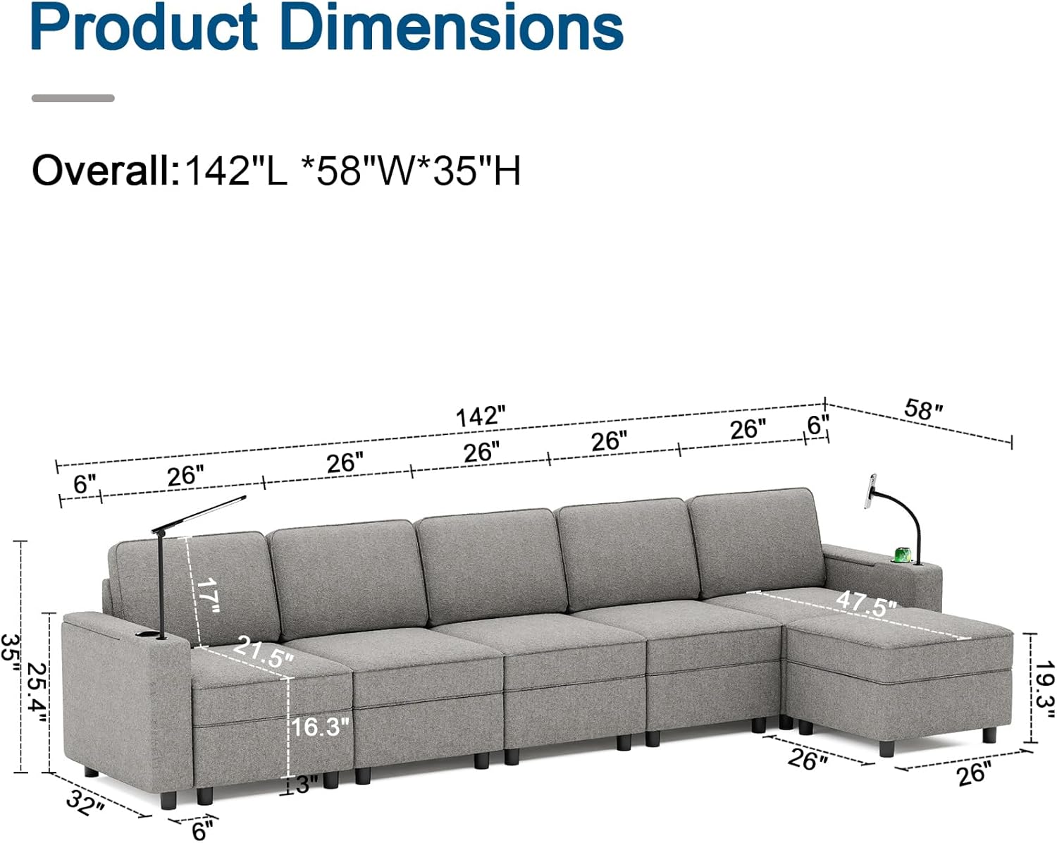 Modular Sectional Sofa, Couches for Living Room with Storage, Armrest with Power Grommet and Cup Holder, Wireless Charging Stand & LED Light Included,5 Seats L-Shape with Ottoman