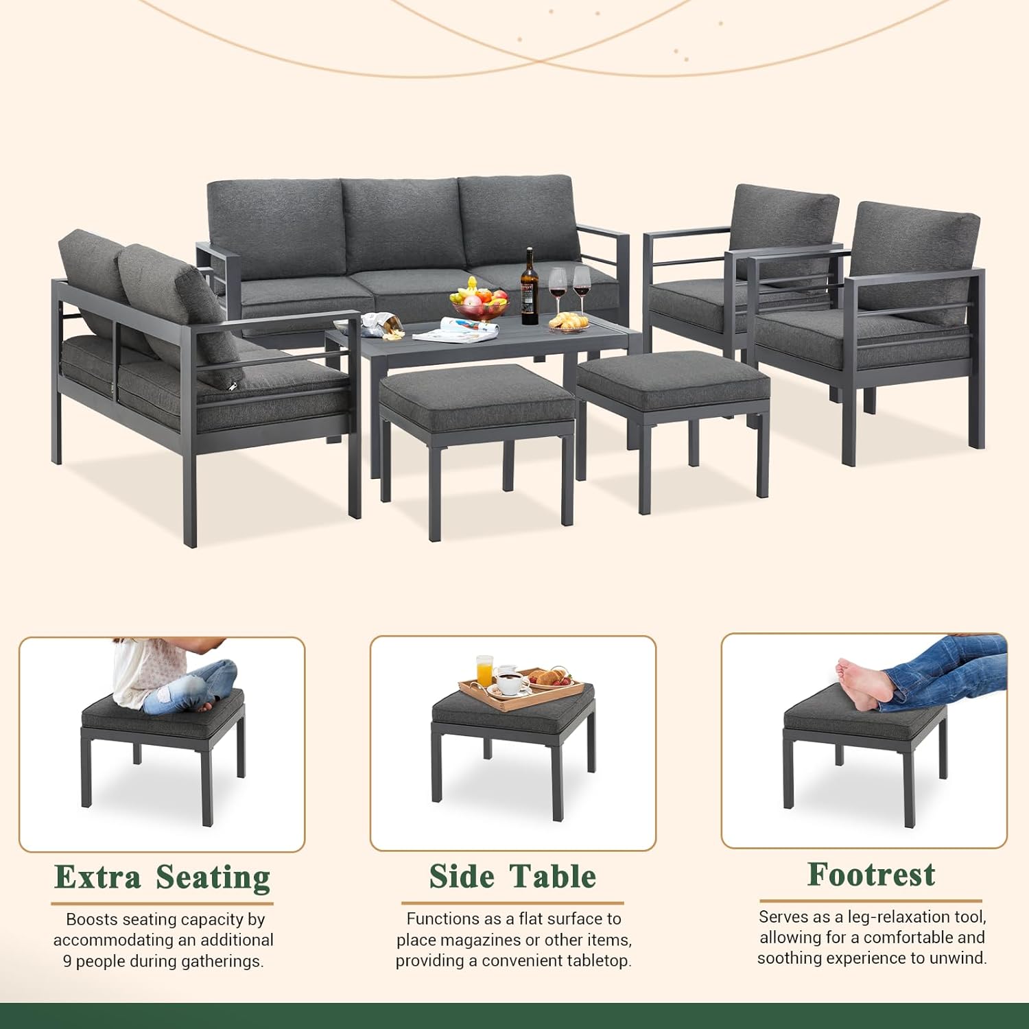 U-MAX Aluminum Outdoor Patio Furniture, Modern Metal Patio Furniture with Coffee Table & Ottomans, 7 Pieces Outdoor Conversation Set in Dark Grey Cushions for Balcony, Porch, Lawn and More