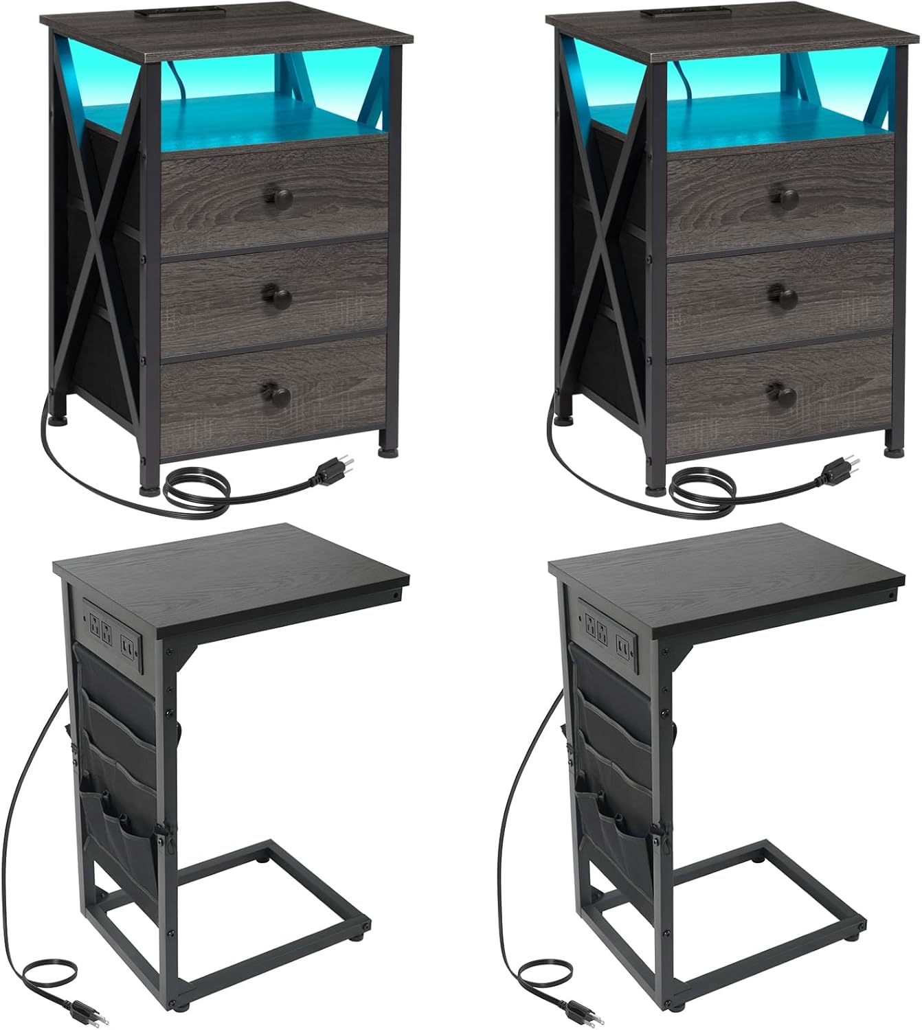 AMHANCIBLE LED Nightstand with Charging Station,C Shaped End Table