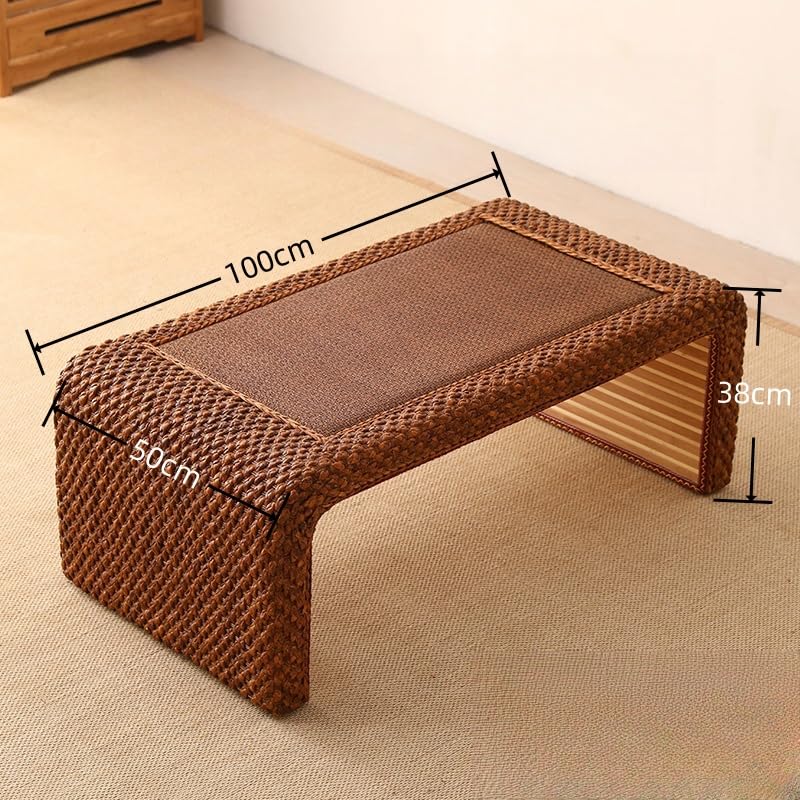 Straw Tea Table Hand-Woven Rattan Top Japanese Style Tatami Center Table for Sitting On The Floor Accent Furniture Home & Office (Natural Color, 100x50x38cm)