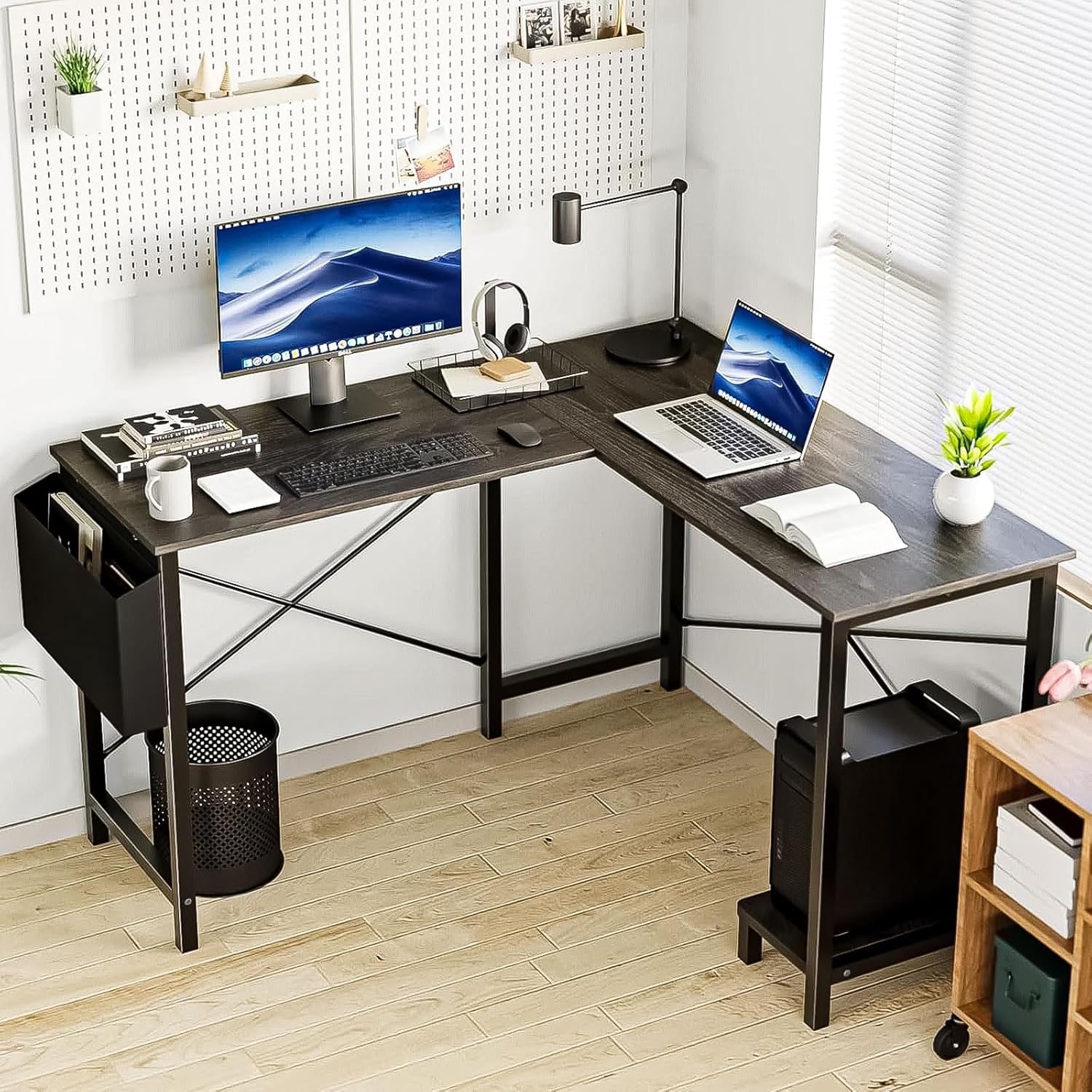 L Shaped Computer Gaming Desk, 50 Inch Corner PC Wooden Table with CPU Stand Side Bag Reversible, Small Space Study Writing Desk for Home Office, Bedroom, Grey