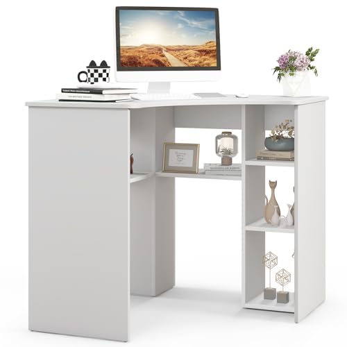 GOFLAME L-Shaped Computer Desk, Corner Study Writing Desk with Storage Shelves, Compact Computer Workstation with Adjustable Shelf for Home Office, Natural