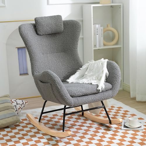 Rocking Chair Nursery, Teddy Upholstered Glider Rocking Chair with Adjustable Headrest & Pocket, Comfy Glider Chair with High Backrest, Padded Seat Rocking Accent Chair for Nursery, Living Room, Beige